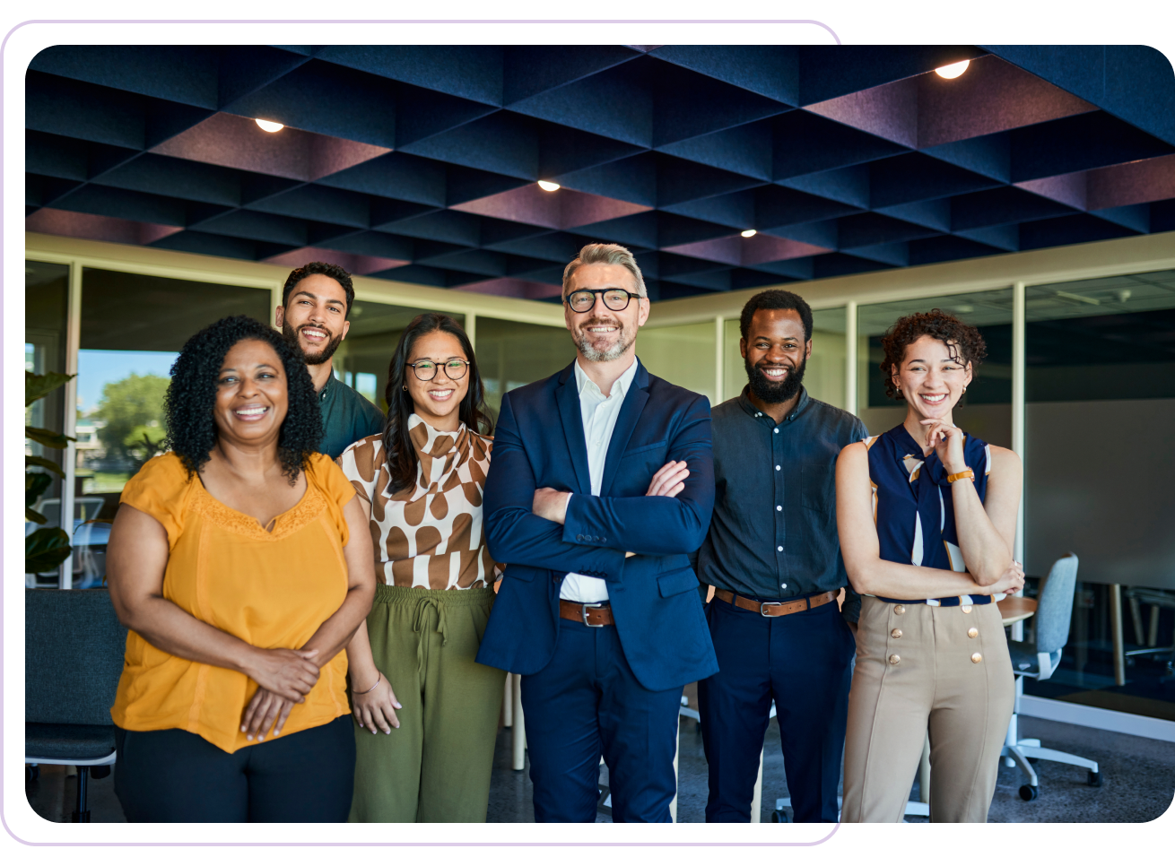 Diverse team smiling in office setting